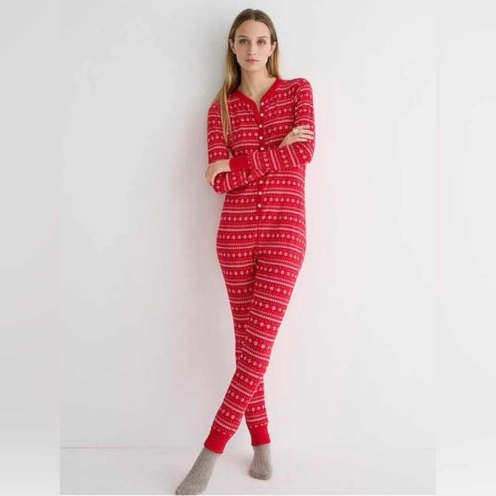 J. Crew Retro Red Snowflake Thermal Onesie pajamas Long John 
NWT Large